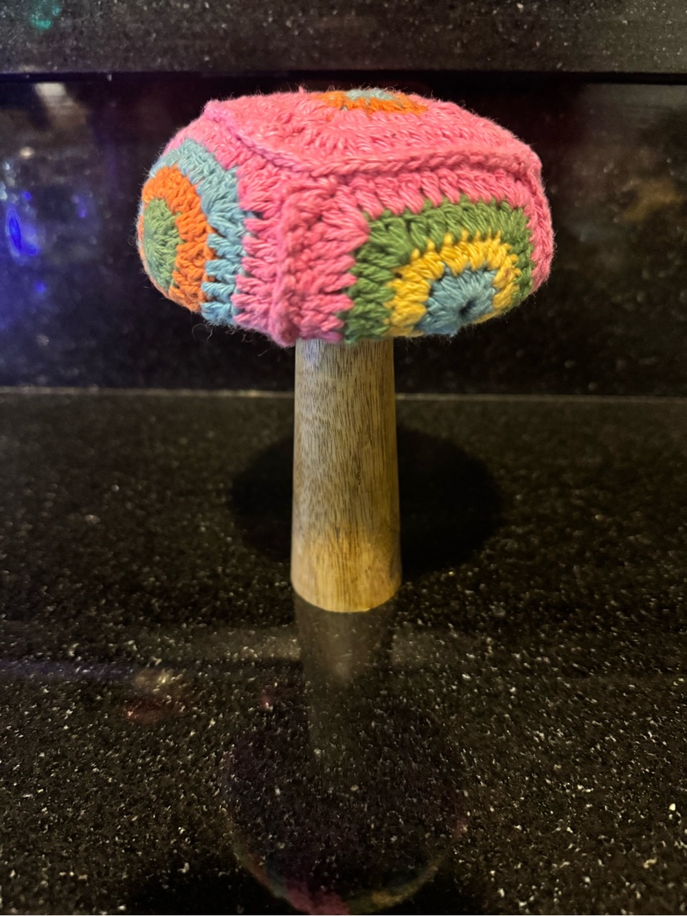 Handmade Pink Crochet Pin Cushion with Wood Base